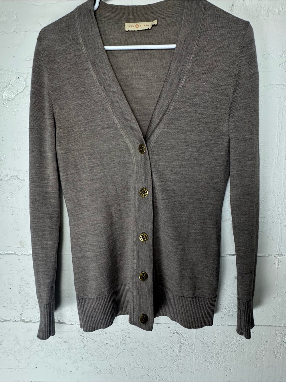 Tory Burch Simone Logo Button Merino Wool V-Neck‎ Cardigan Sweater, Taupe Small